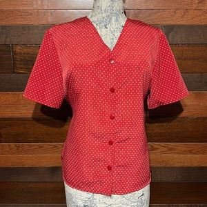 Vintage Kathie Lee Collections V Neck Short Sleeve Brick Red Polka Dot Blouse